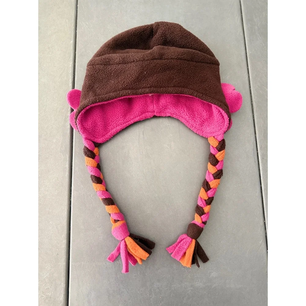 Tuff Cookie Girls Fleece Trapper Hat Brown Pink Orange Floral Braids Size L